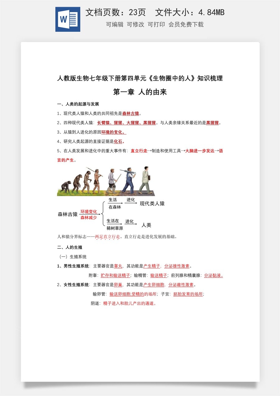 七年级下册生物章节知识总结（人教版）背诵版 (23页).Doc